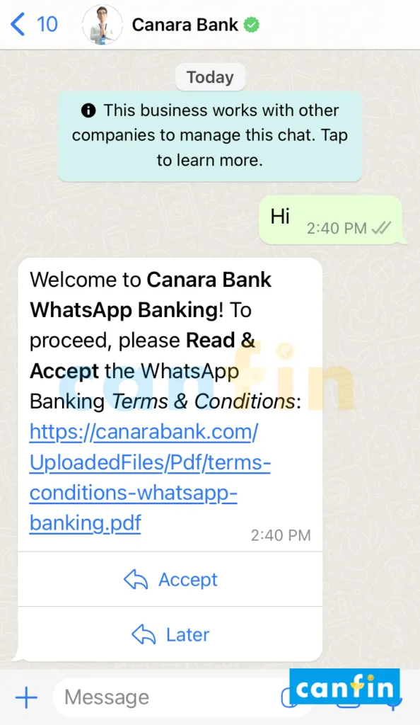 Canara Bank WhatsApp Banking केनरा बैंक वाट्सऐप बैंकिंग
