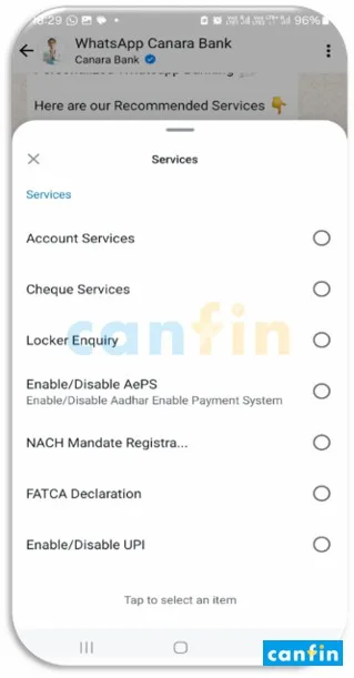 Canara Bank WhatsApp Banking, केनरा बैंक वाट्सऐप बैंकिंग, કેનરા બેંક વોટ્સએપ બેંકિંગ